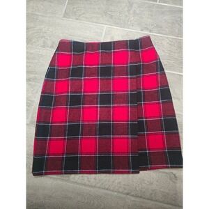 Talbots Womens Plaid Wool Blend  Faux Wrap A-Line Mini Skirt Size 4 Red Black